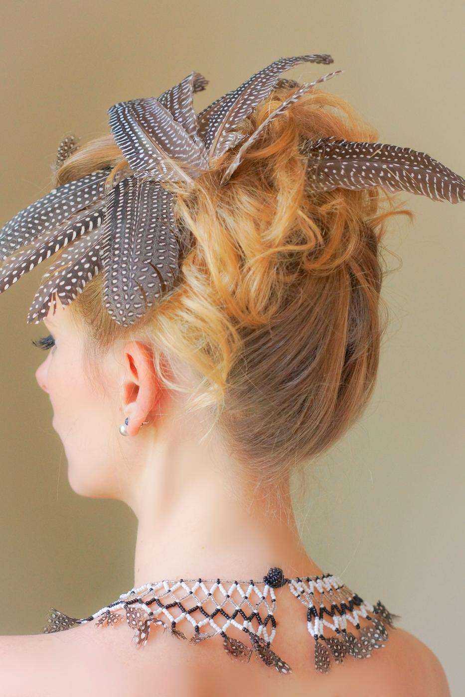 Feather hairpiece from behind